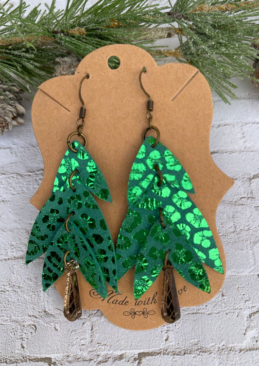 Whimsical Green Leopard Christmas Tree Earrings