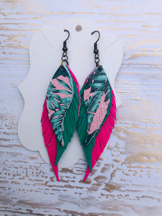 Tropical Oasis Genuine Leather Triple Feather Fringe Earrings