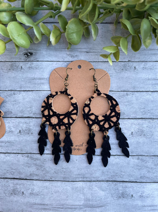 Black Flocked Cork Dreamcatcher Earrings