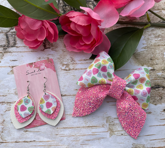 Mommy and Me Conversation Heart Earring and Bow  Set