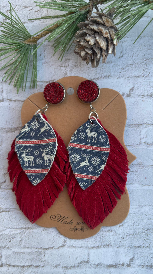 Christmas Sweater Boho Feather Fringe Earrings