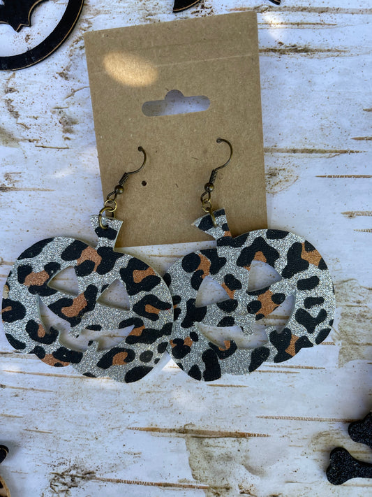 Genuine Leather Silver Leopard Jack-O-Lantern Earrings