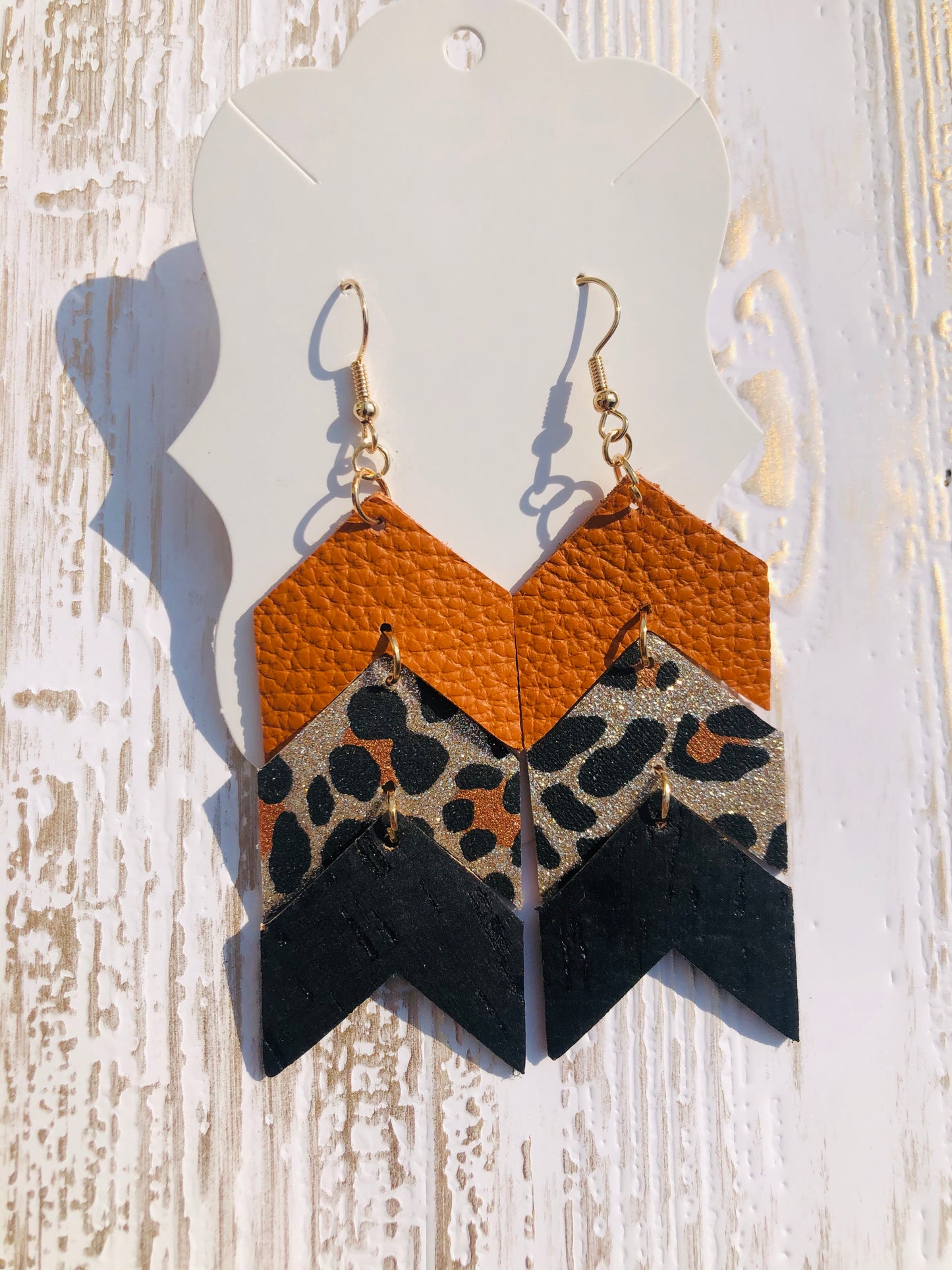 Genuine Leather Stacked Leopard Chevron Earrings