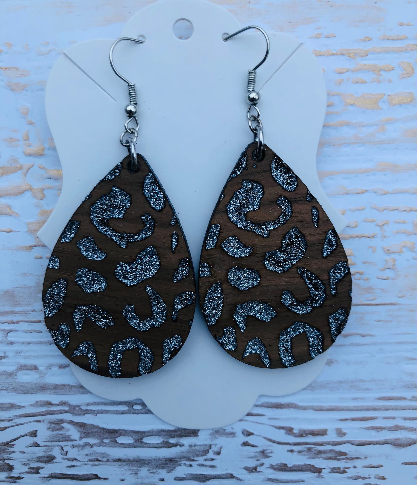 Cheetah Engraved Silver Wooden Love Teardrop Earrings