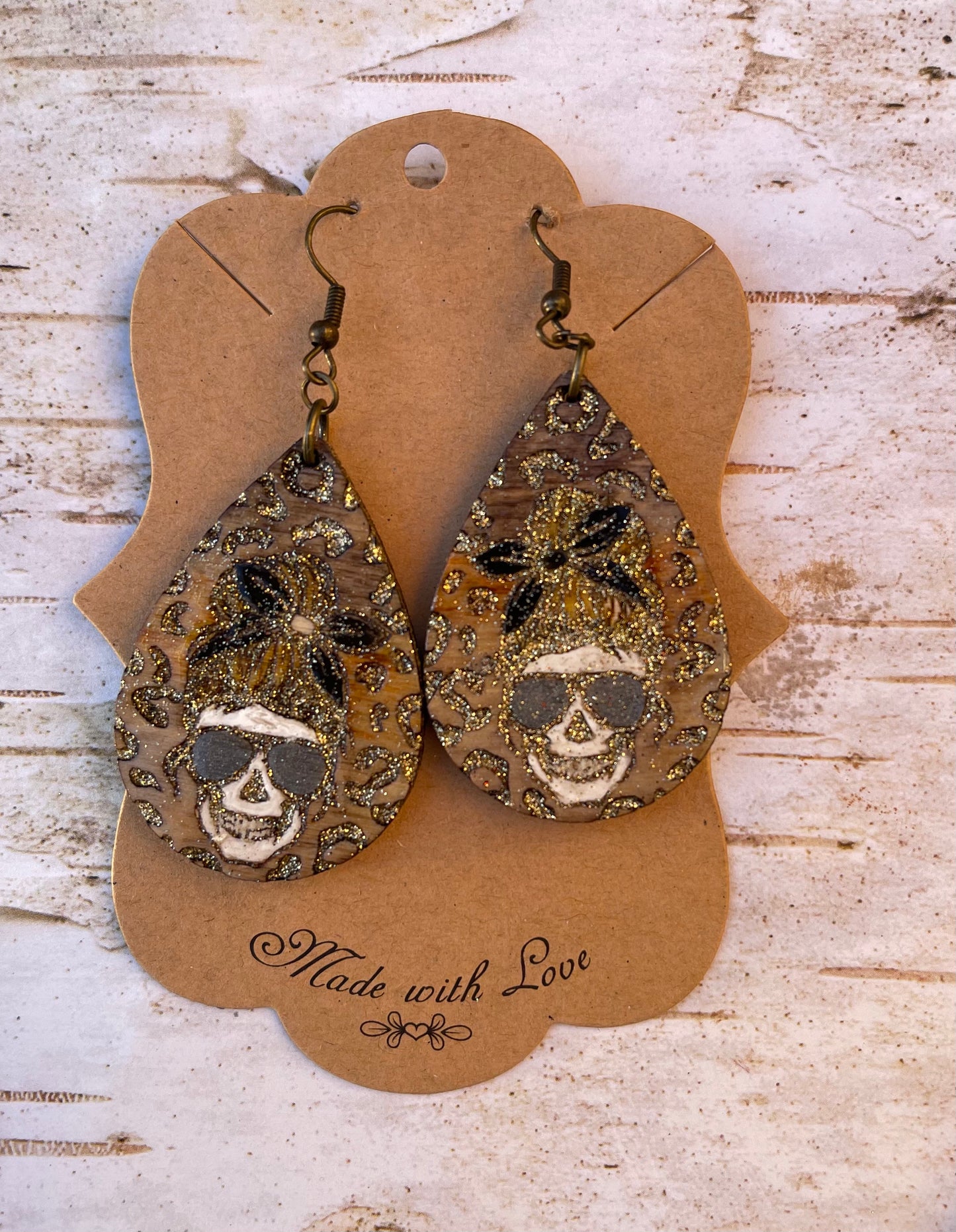 Messy Skull Mom Bun Tan and Gray Leopard Engraved Earrings