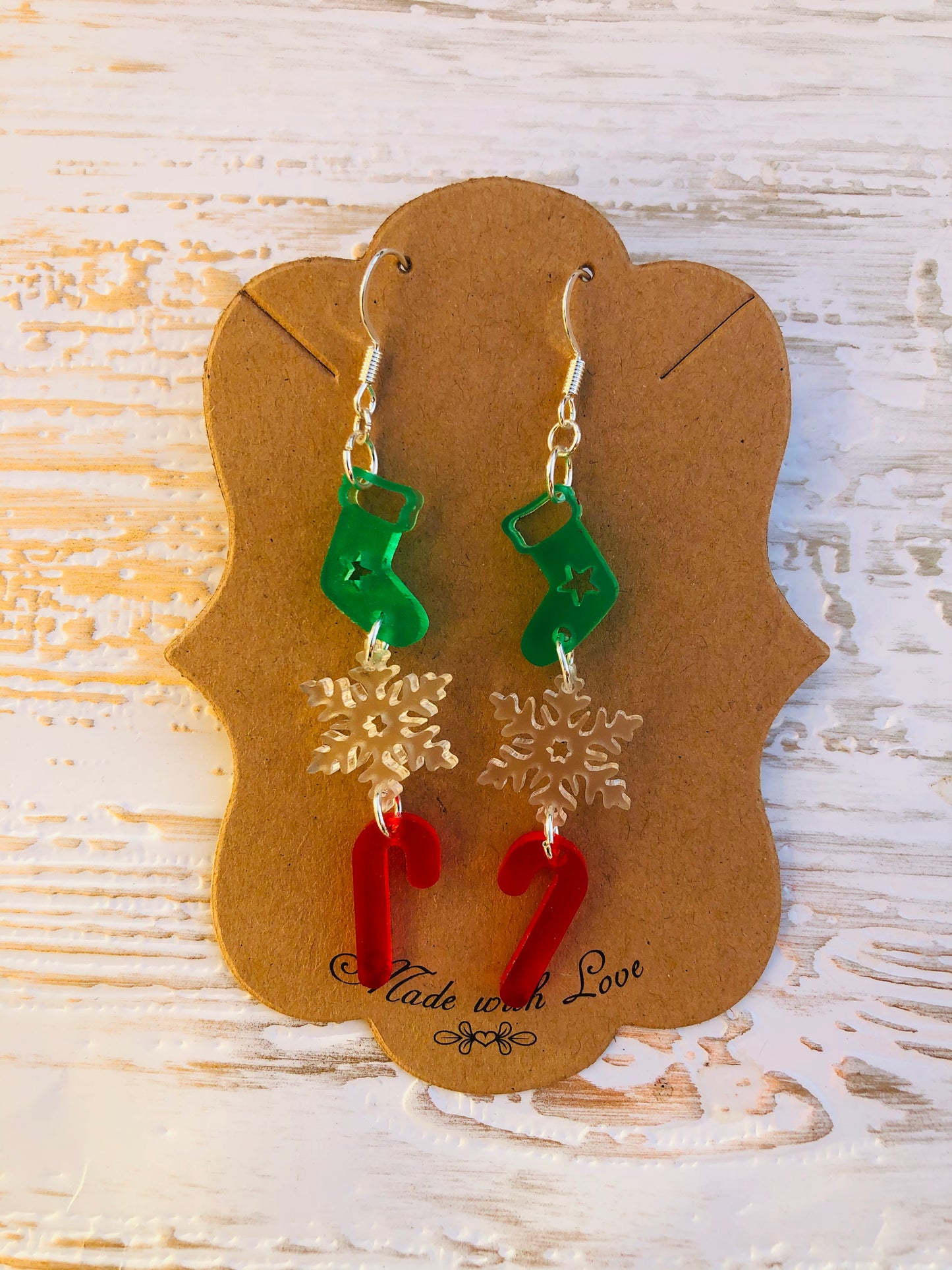 Acrylic Stocking, Snowflake, and Candy Cane Earrings