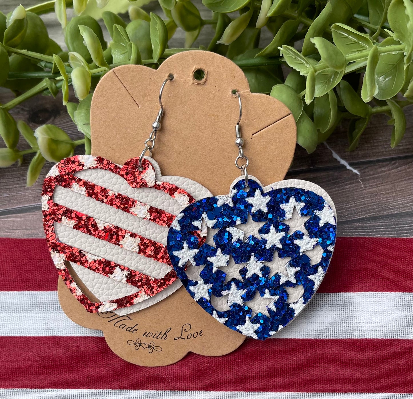 Patriotic Heart Stars and Stripes Vegan Earrings