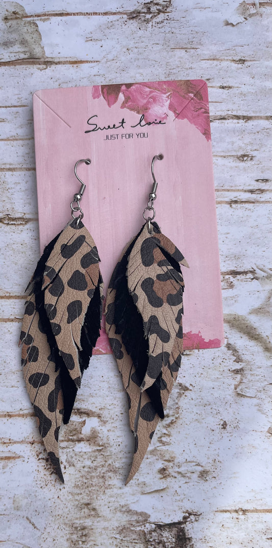 Genuine Leather Triple Feather Tawny Leopard Earrings