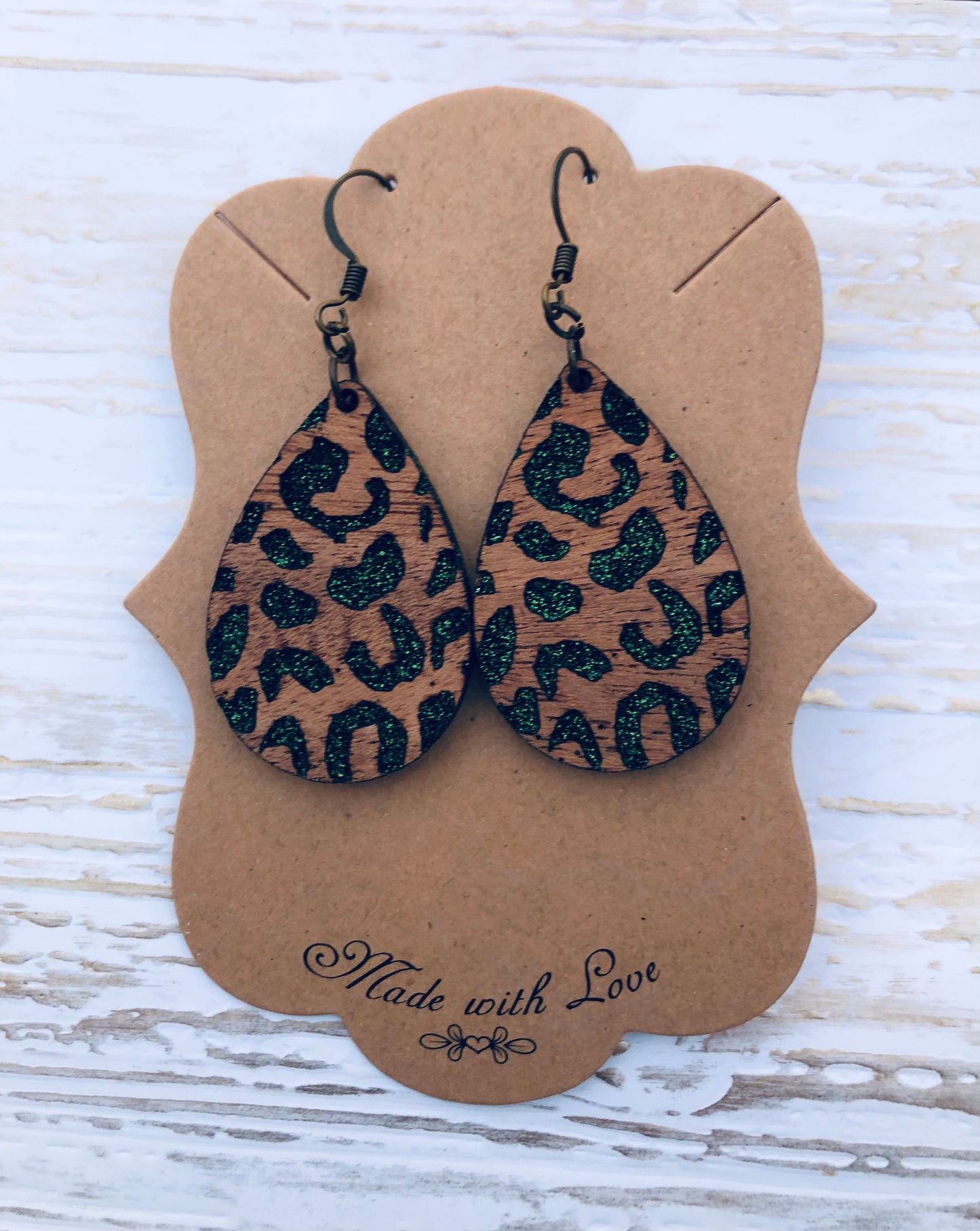 Cheetah Engraved Green Glitter Wooden Lucky  Teardrop Earrings