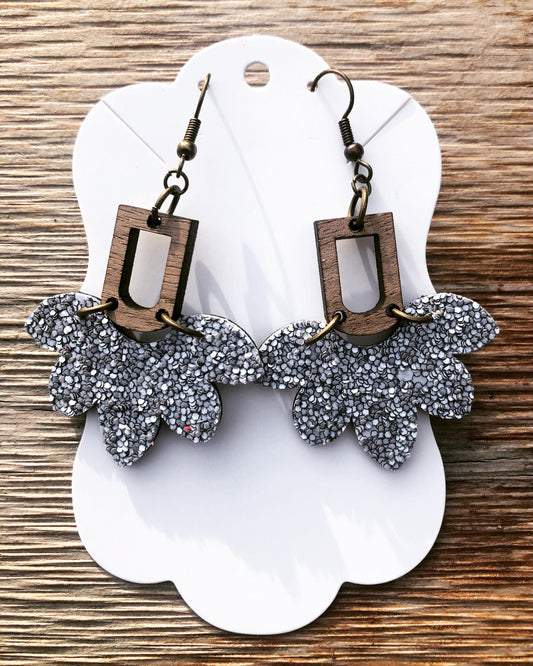 Muted Gray Glitter Stella Wood and Leather Earrings