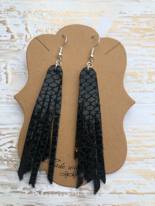 Short Black Snakeskin Pattern Patent Leather Fringe Earrings