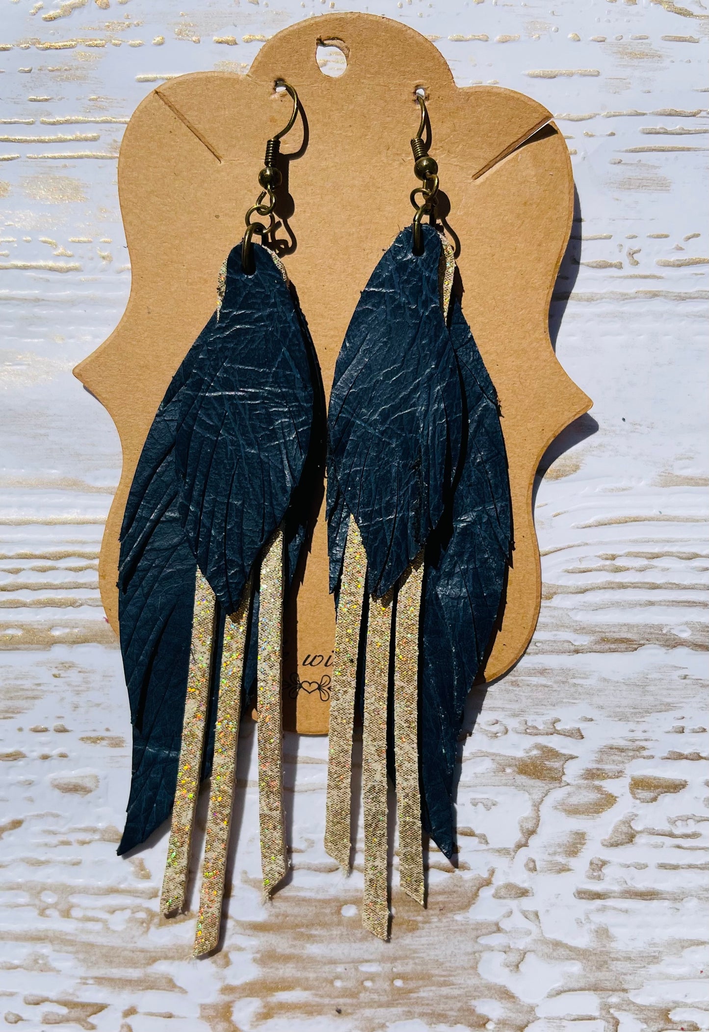 Navy and Gold Double Suede Feather Earrings