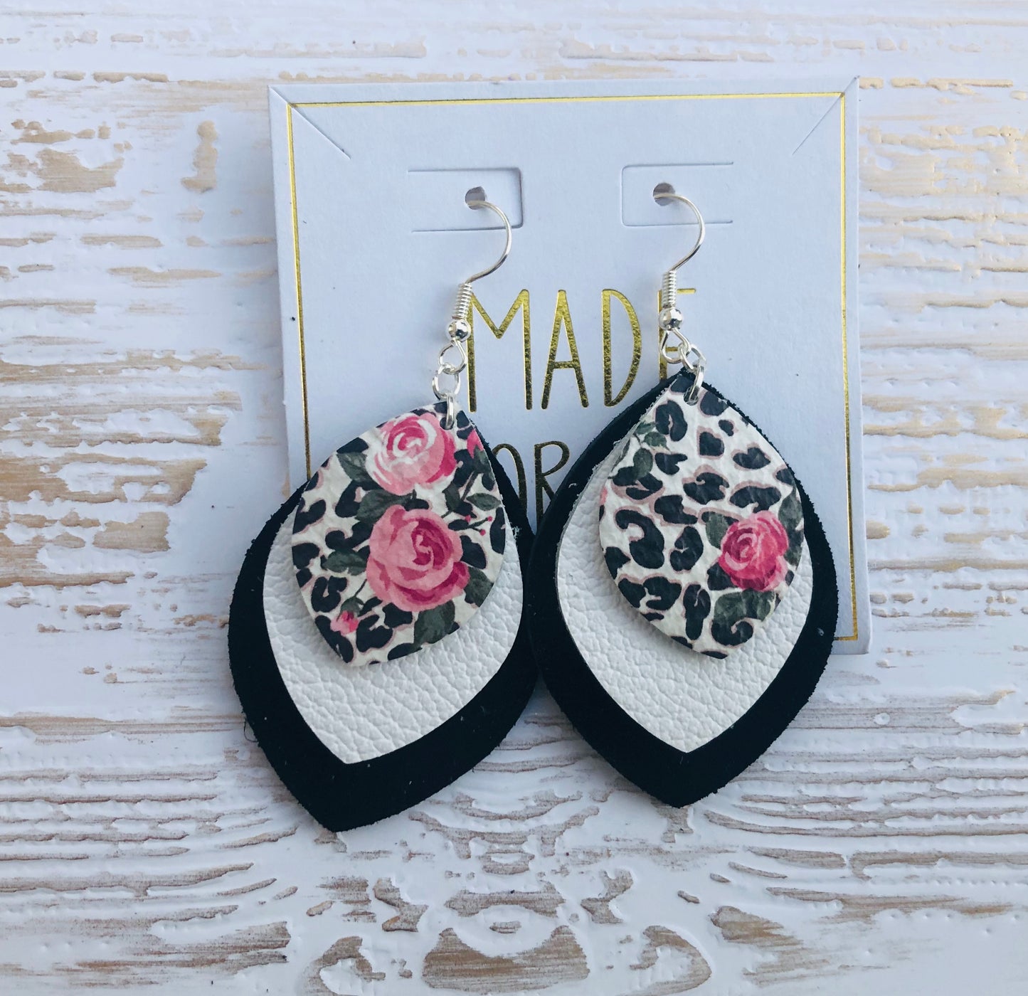 Three Layered Genuine Leather Earrings Featuring a Rose and Cheetah Print