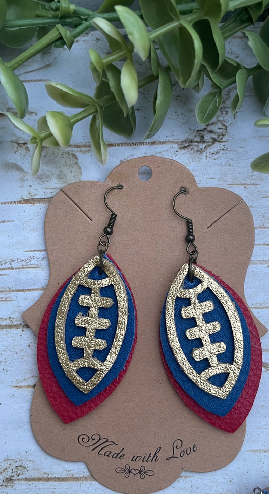 Triple Layer Red, Blue, and Gold Football Team Earrings