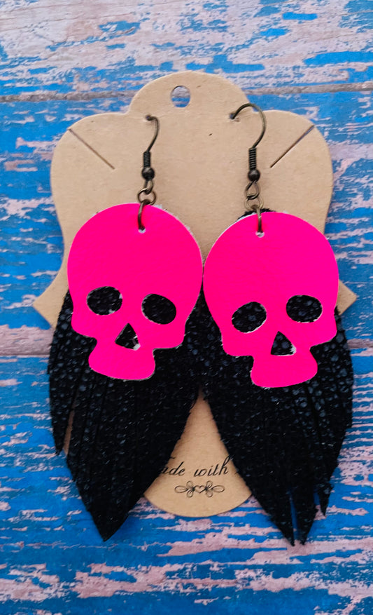 Rock and Roll Hot Pink Skull  Fringe Earrings