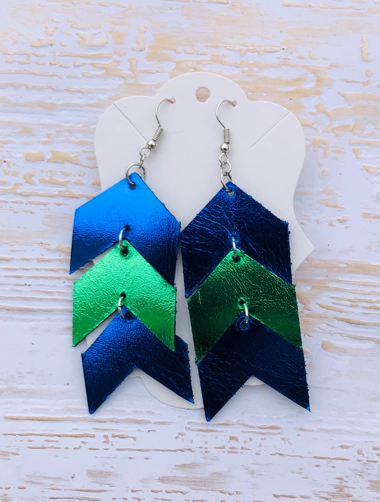 Genuine Leather Stacked Blue and Green Team Chevron Earrings