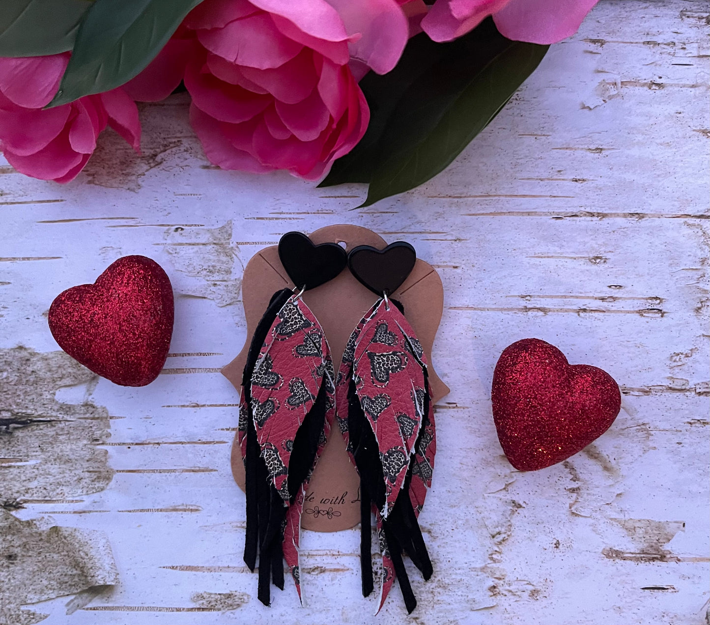 4” Leopard Heart Feather Earrings