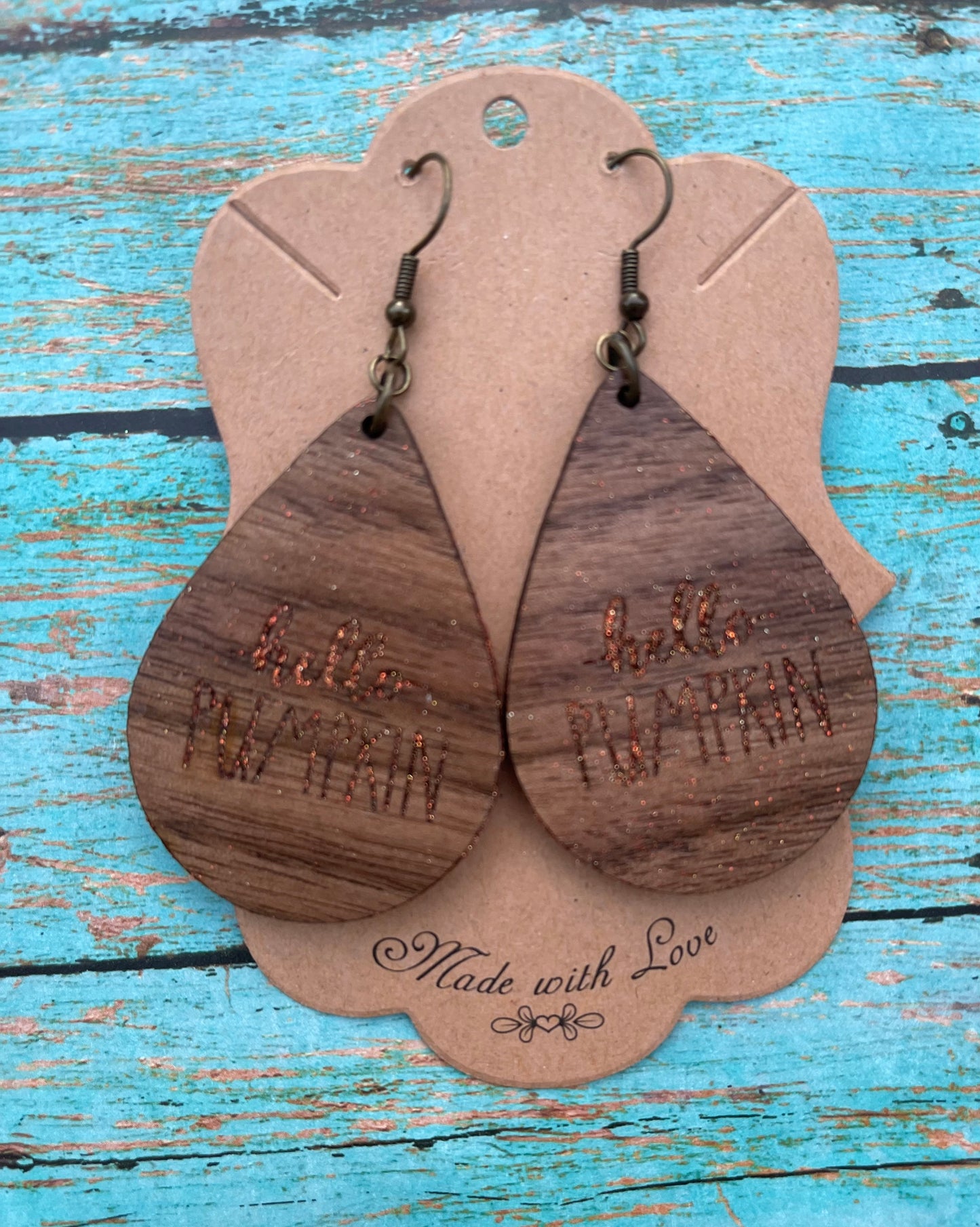 Hello Pumpkin Wooden Teardrop Earrings