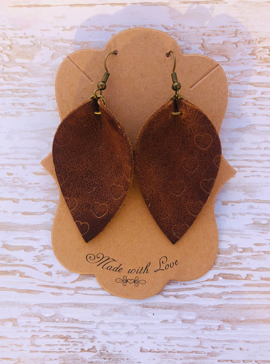 Leaf Shaped Heart Embossed Brown Earrings