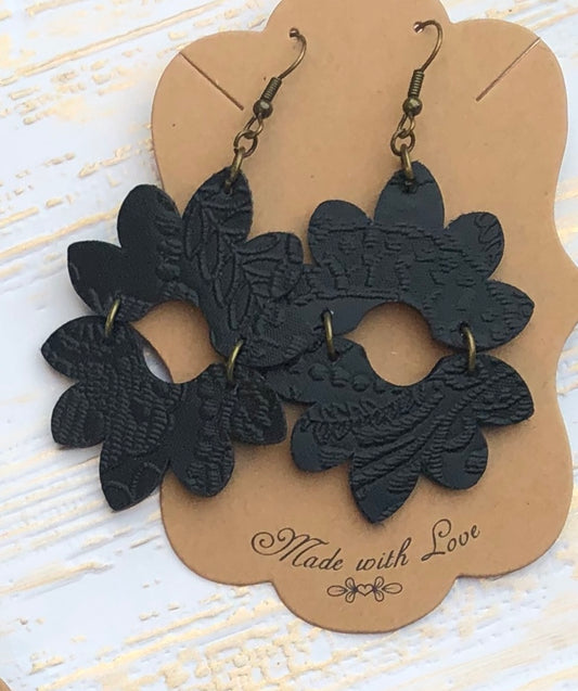 Faux Leather Embossed Black Flower Earrings