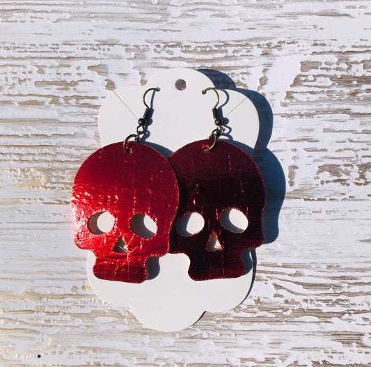 Metallic Red Cork and Genuine Leather Skull Earrings