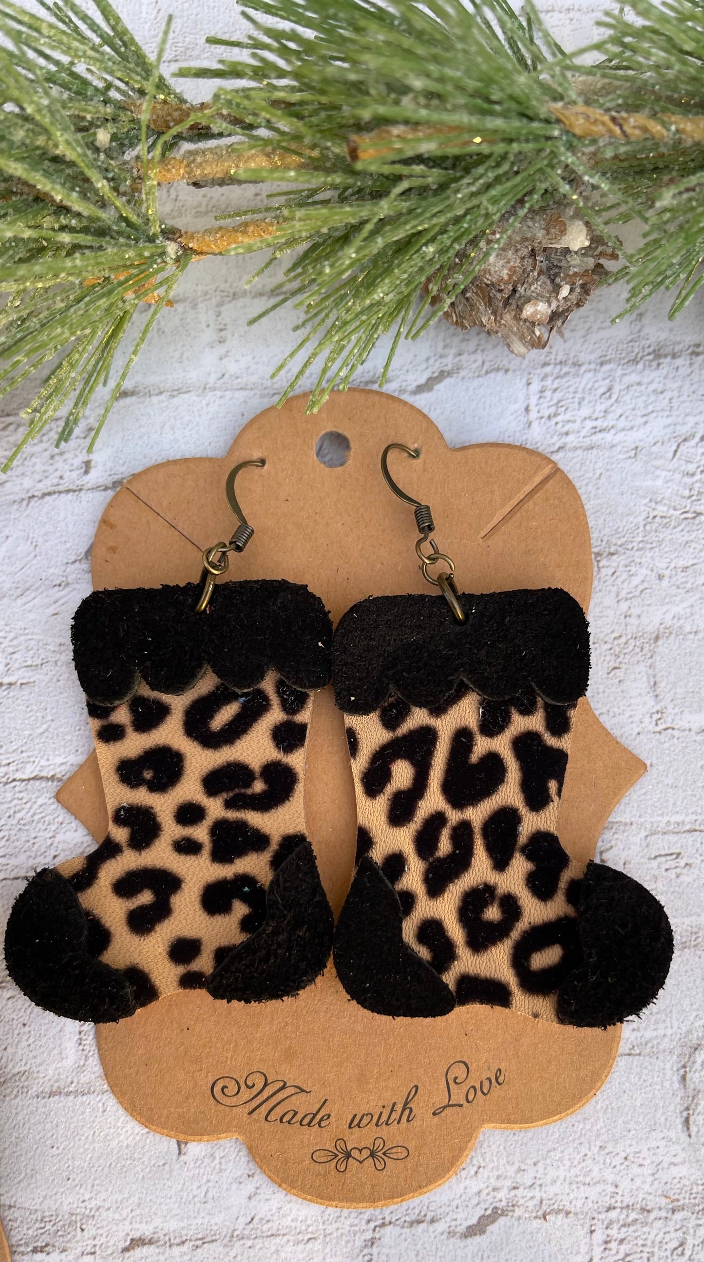 Tan Leopard Christmas Stocking Earrings