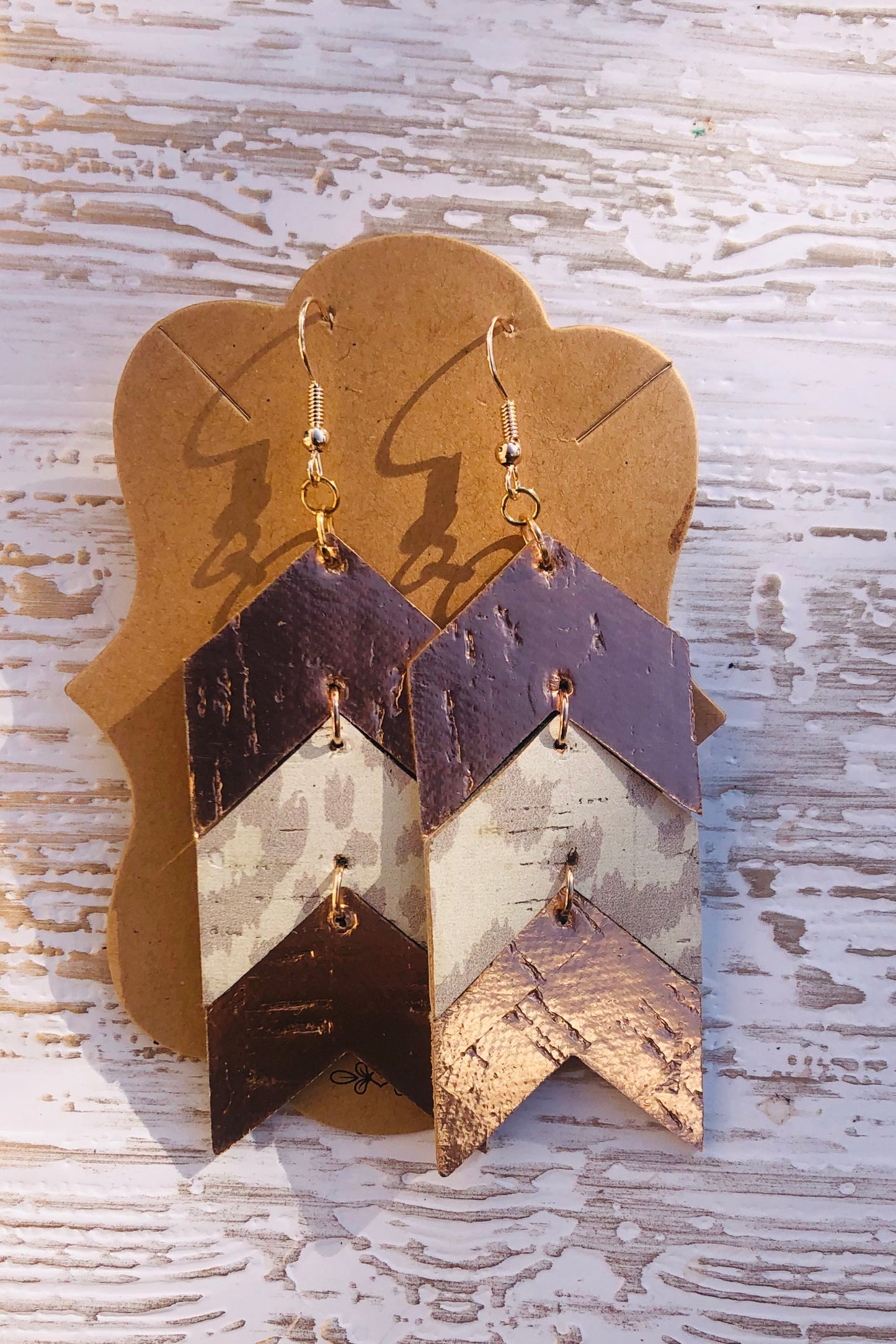 Genuine Leather Stacked Neutral Leopard and Rose Gold Chevron Earrings