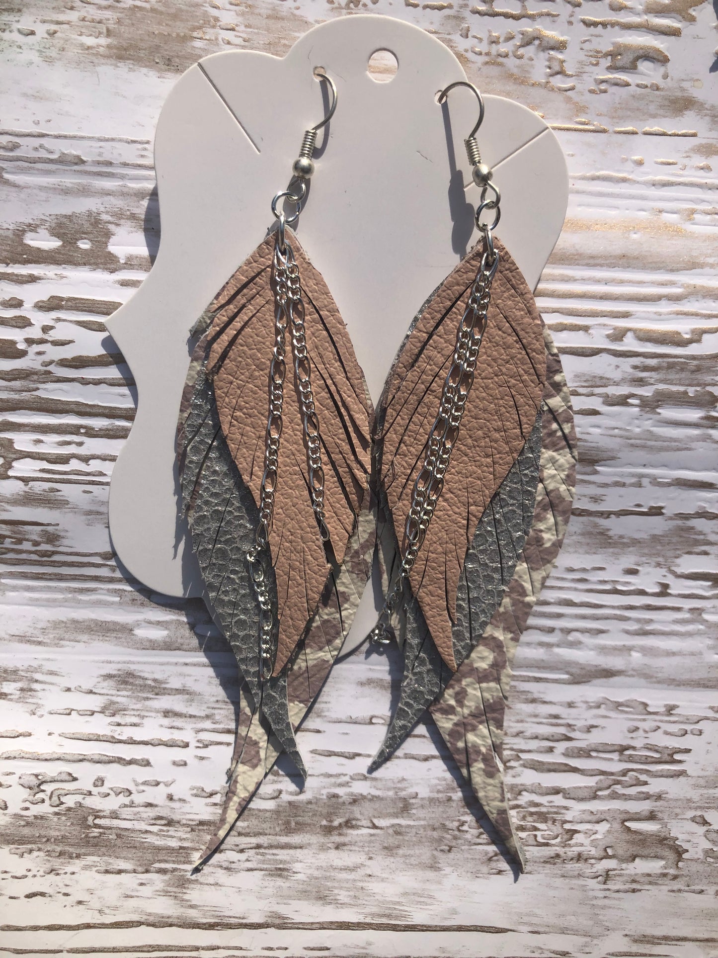 4” Genuine Leather Three Layer Blush and Neutral Leopard  Feather Earrings