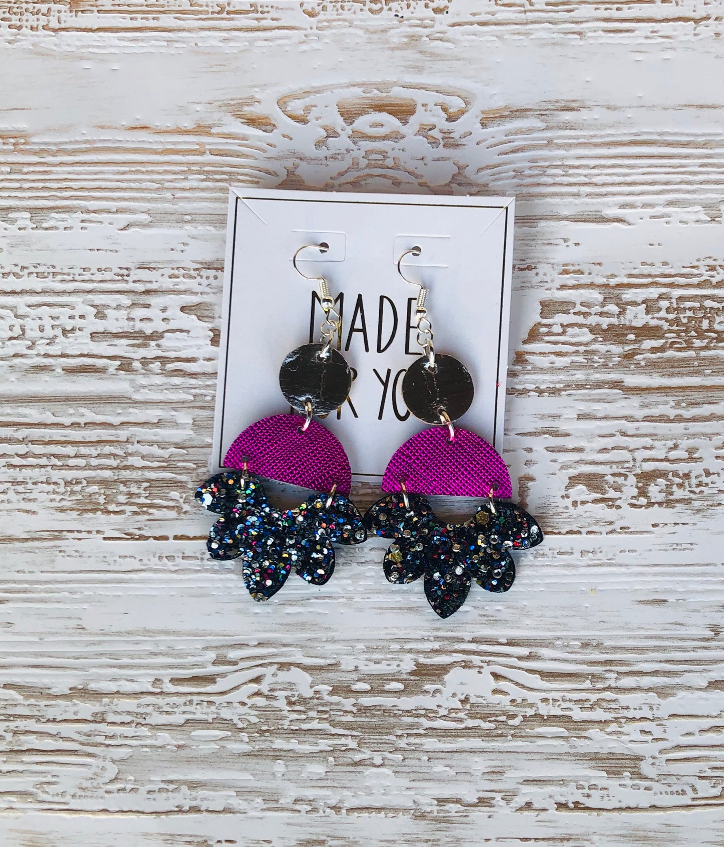 Black Mixed Glitter and Magenta Chandelier Earrings