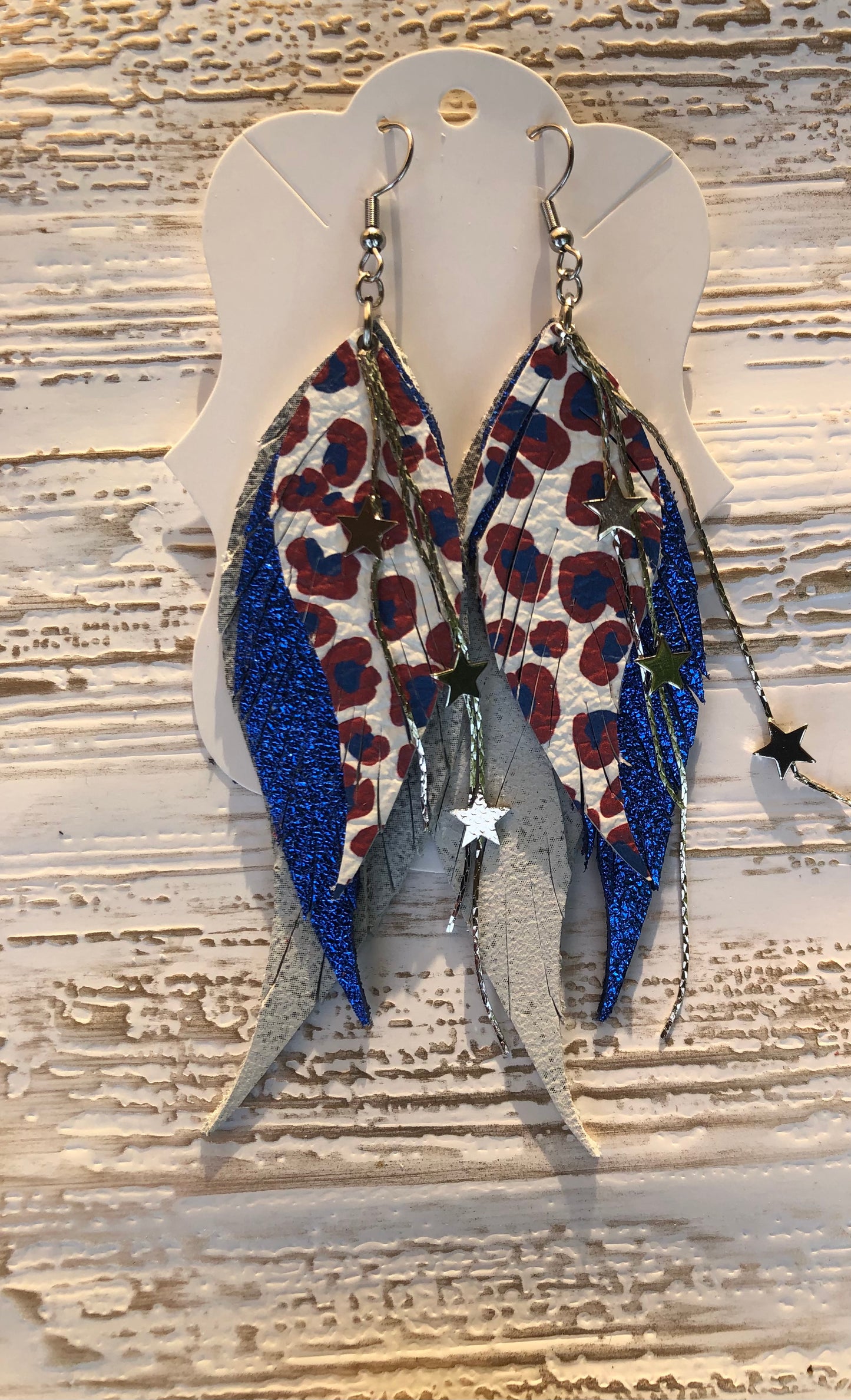 4” Patriotic Leopard  Feather and Star Earrings