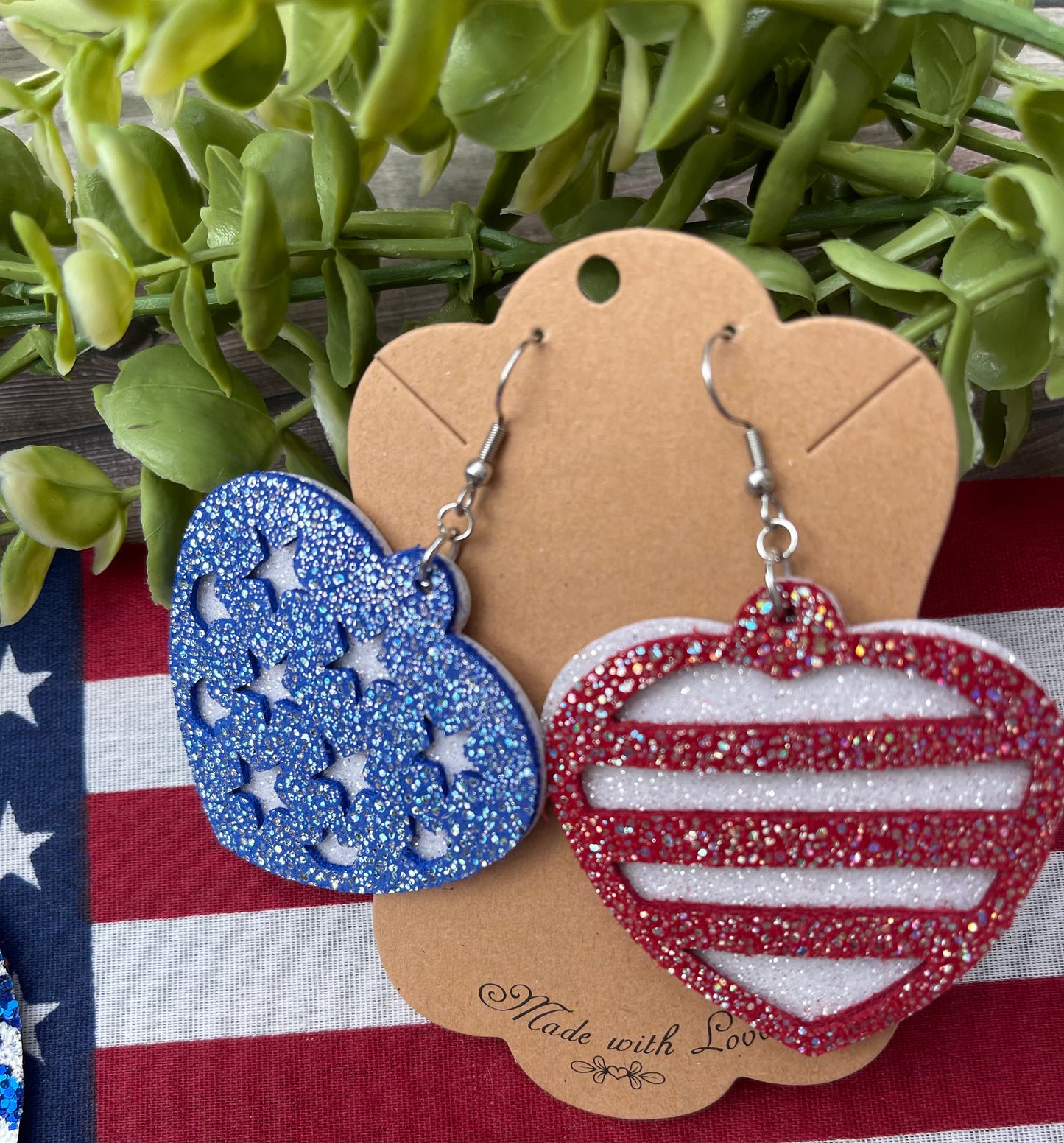 Patriotic Sparkling Heart Stars and Stripes Genuine Leather Earrings