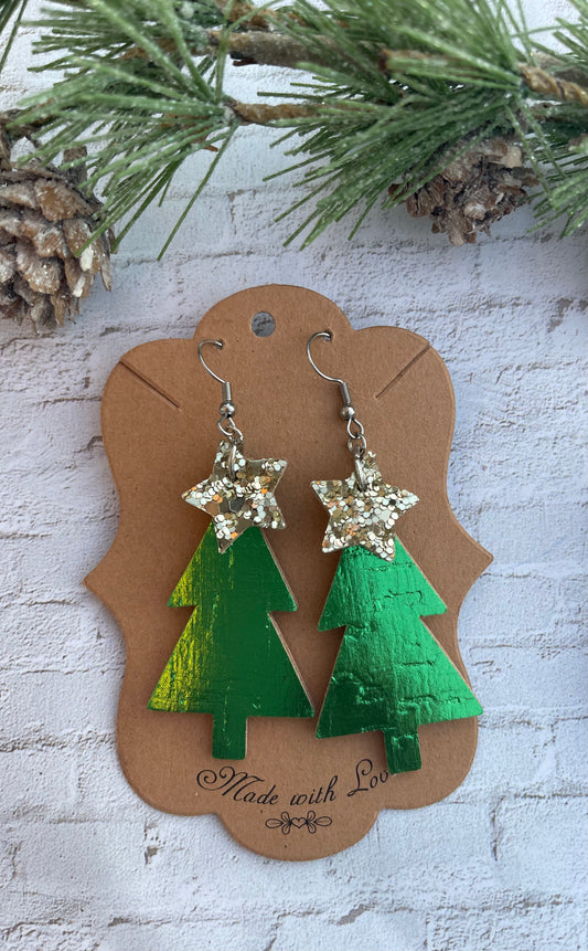 Green Metallic Christmas Tree Earrings