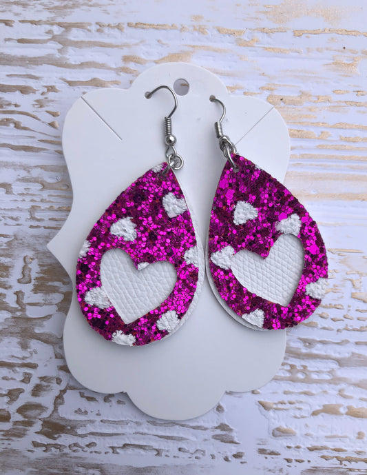 Magenta Glitter Heart Cut Out Earrings