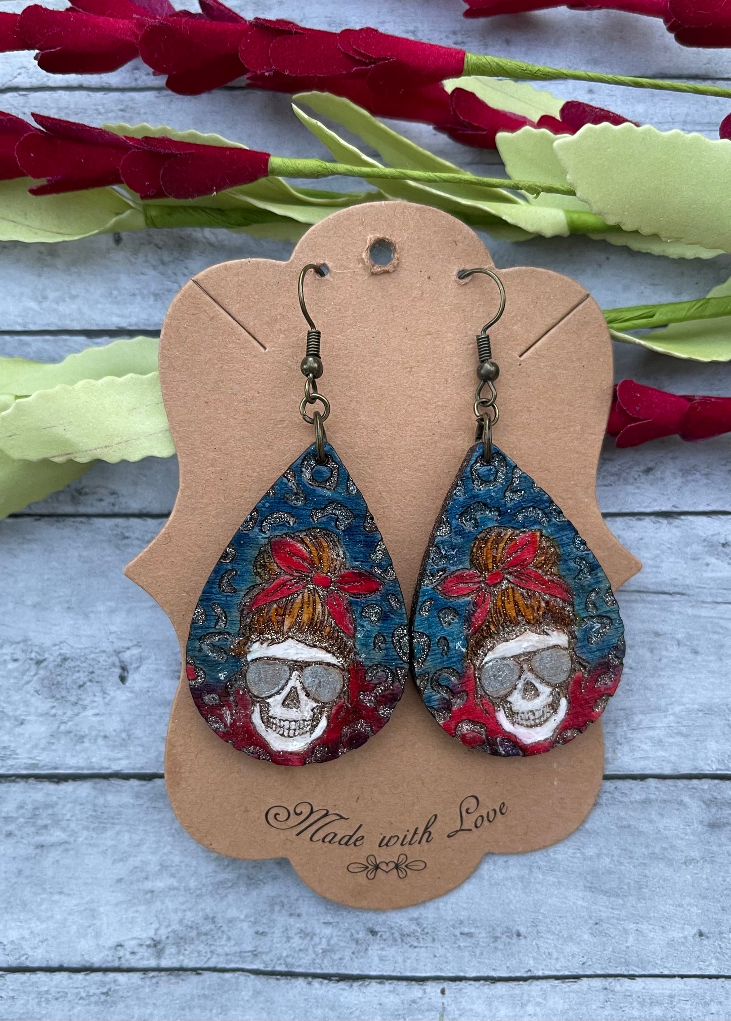 Patriotic Leopard Skull Mom Bun Earrings