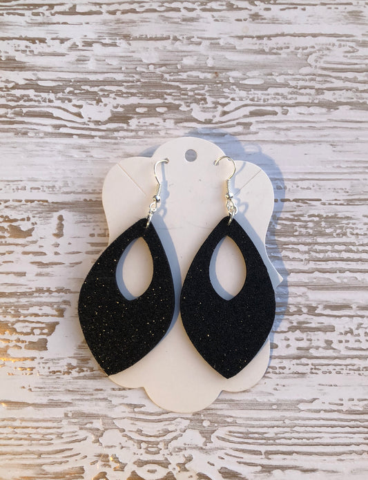 Black Fine Sparkles Genuine Leather Crystal Drop Earrings