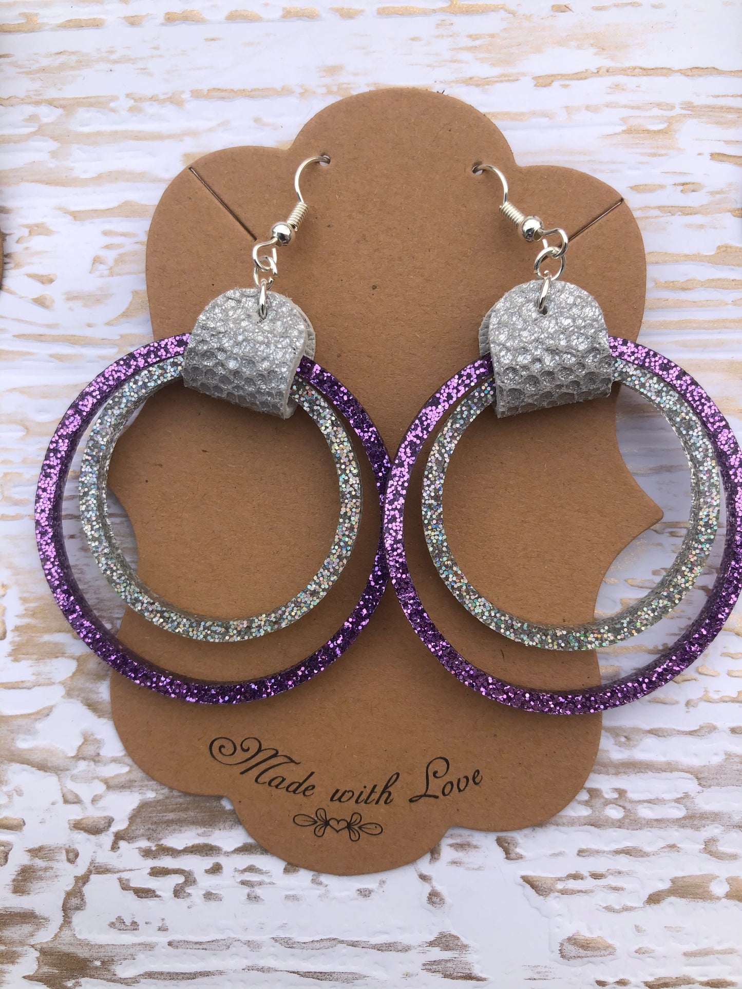 Spring Silver and Pink Glitter  Hoop Earrings