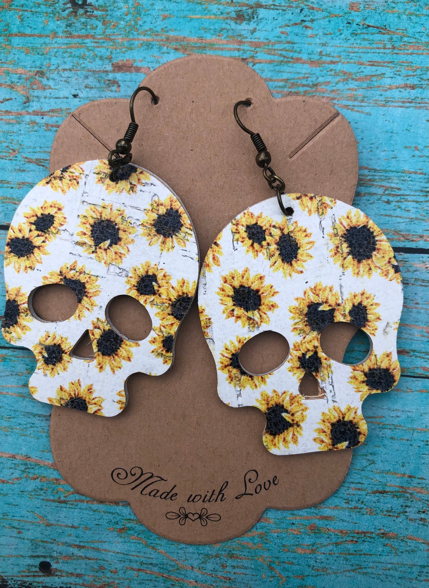 Genuine Leather and Cork Sunflower Skull Earrings